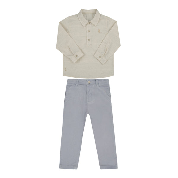 Conjunto Infantil Masculino Paraiso Bata Linho e Calça Sarja Azul