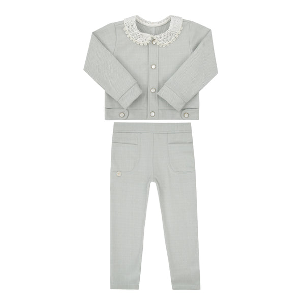 Conjunto Infantil Paraiso Feminino Casaco e Calça com Renda e Pérolas Cinza