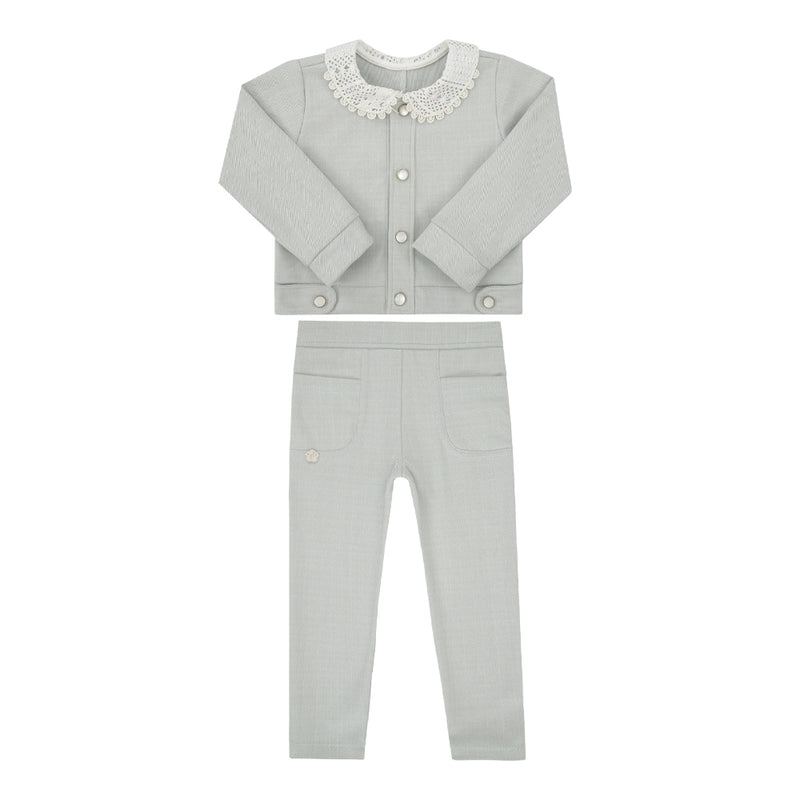 Conjunto Infantil Paraiso Feminino Casaco e Calça com Renda e Pérolas Cinza - Image 2