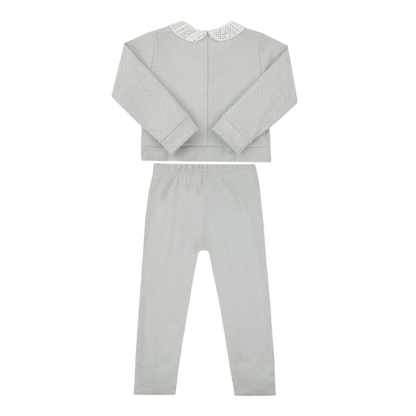 Conjunto Infantil Paraiso Feminino Casaco e Calça com Renda e Pérolas Cinza