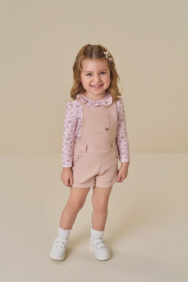 Conjunto Jardineira e Blusa Paraiso Kids Feminino Meia Estação Rosa Chá