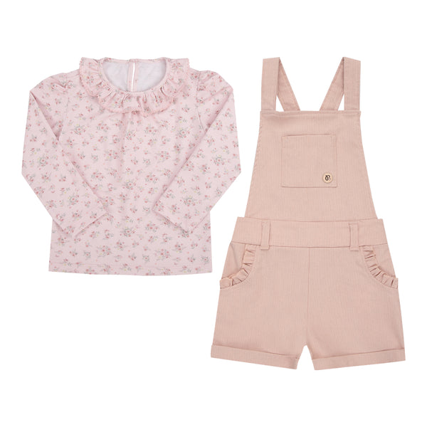 Conjunto Jardineira e Blusa Paraiso Kids Feminino Meia Estação Rosa Chá