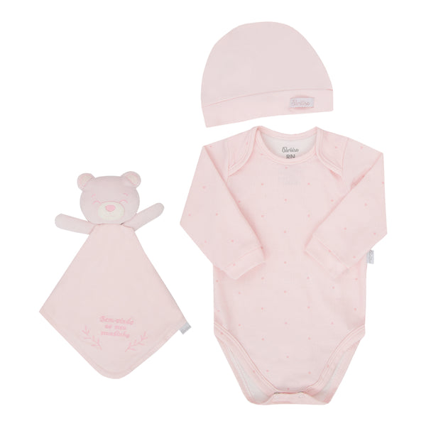 Kit Presente Recém-Nascido Paraiso com Body Estampado, Touca e Naninha