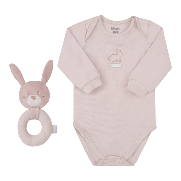 Kit Presente Recém-Nascido Paraíso com Body Bordado e Argola Coelhinho