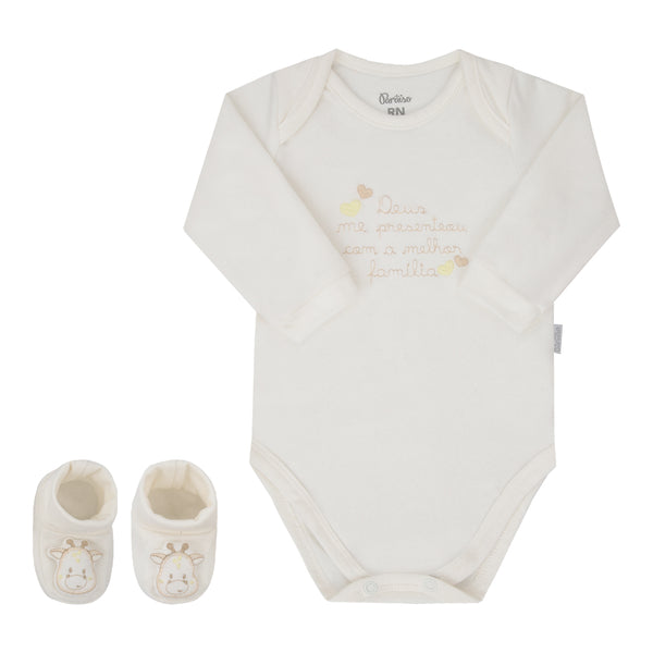 Kit Presente Recém-Nascido Paraiso Anunciação Body Manga Longa e Pantufa