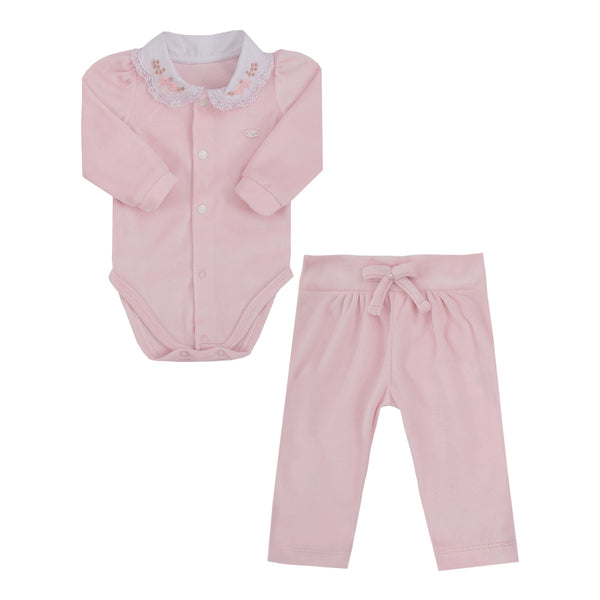 Conjunto Paraiso Plush com Gola Tricoline e Detalhes Delicados Rosa