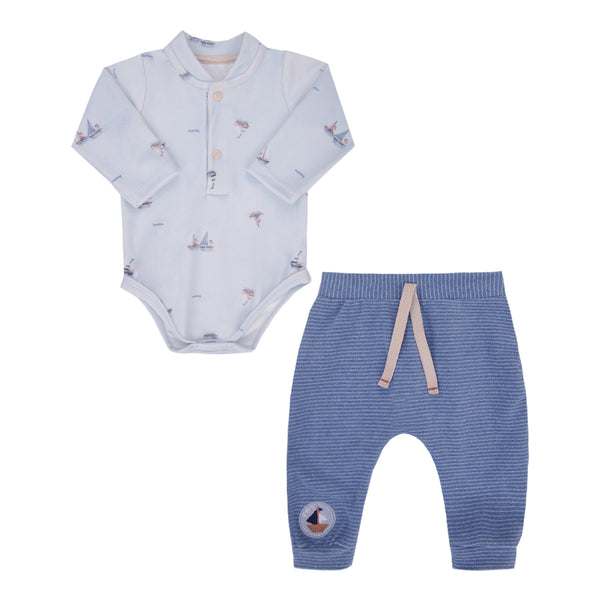 Conjunto Baby Paraiso Inverno Plush e Malha Barquinhos Azul Denim