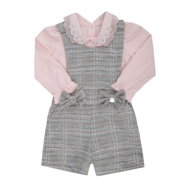 Conjunto Jardineira Malha Tweed Mesclado com Blusa Manga Longa e Detalhe Laços Paraiso