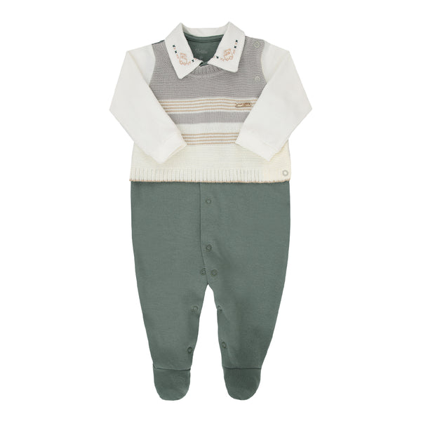 Macacão Longo Paraiso Baby com Tricô e Gola Bordada Trenzinho Meia Estação Paraiso 19401