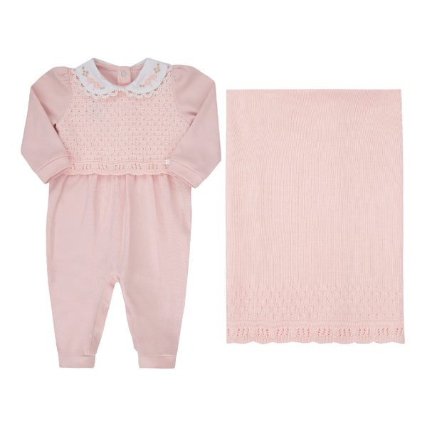 Saída Maternidade Paraiso Feminina Macacão Suedine e Manta Tricô RN-P