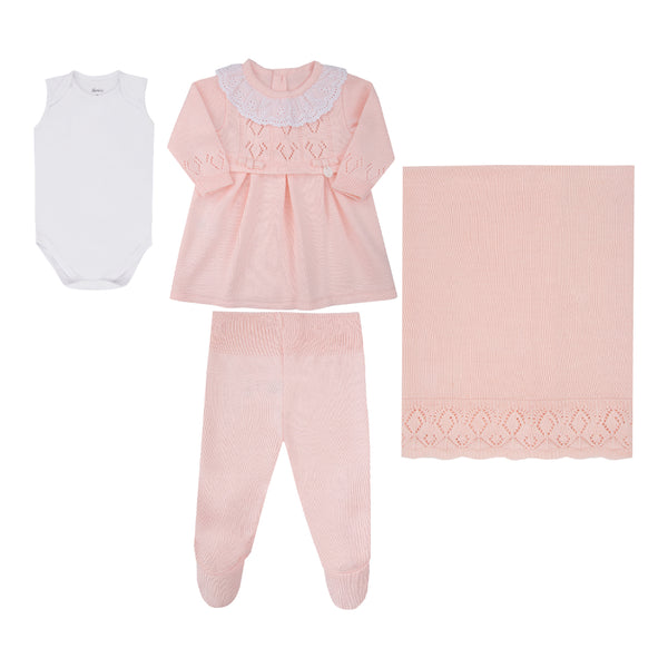 Saída Maternidade Paraiso Feminina 4 Peças Tricô e Malha Rosa