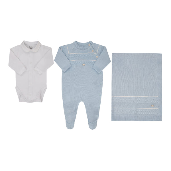 Saída Maternidade Paraiso Baby 3 Peças com Macacão Tricô e Body Conforto