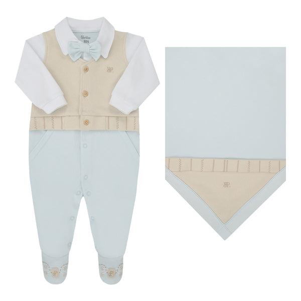 Saída Maternidade Paraiso Masculina Macacão e Manta Azul Claro RN-P