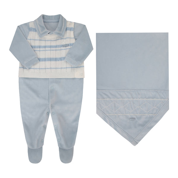 Saída Maternidade Paraiso Masculina com Macacão Plush e Manta Tricô RN-P