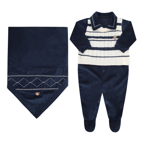 Saída Maternidade Paraiso Masculina com Macacão Plush e Manta Tricô RN-P