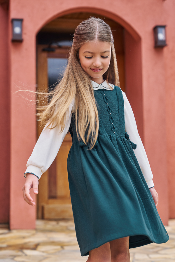 Vestido Paraiso Kids Manga Longa com Laço e Pérola Detalhe Artesanal