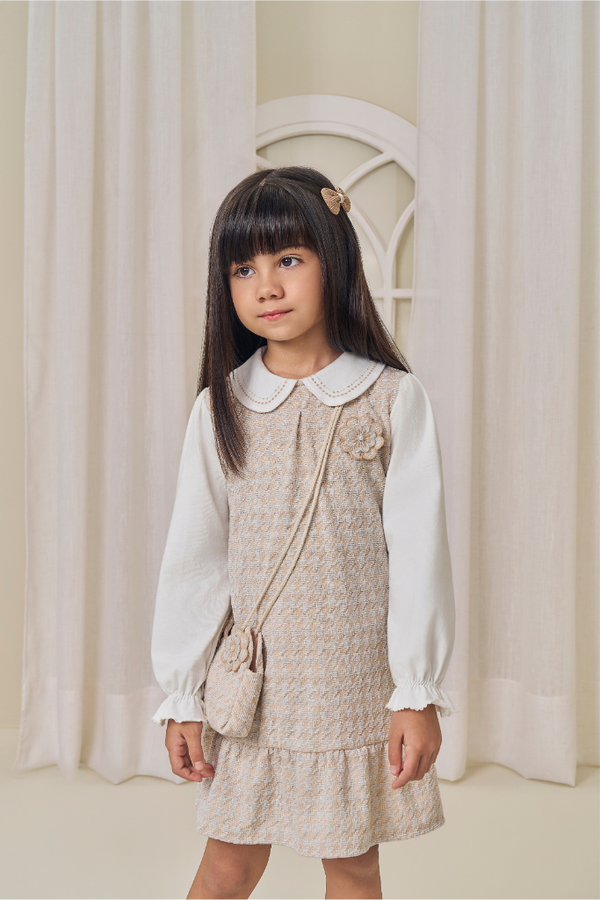 Vestido Paraiso Kids Cerimônia Manga Longa com Bolsa e Bordado 3D