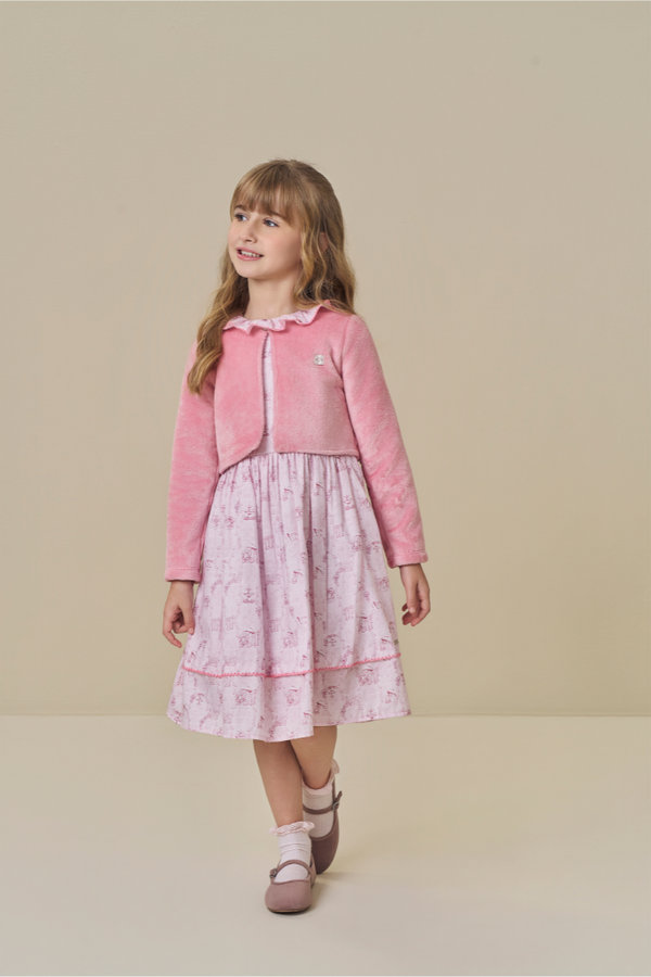 Vestido Cerimônia Paraiso com Bolero e Estampa Cachorrinhos Inverno Infantil