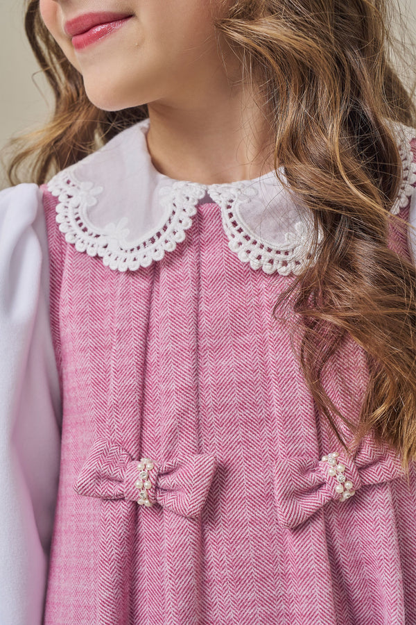 Vestido Cerimônia Paraiso com Gola Rendanda e Laços Pérola Infantil