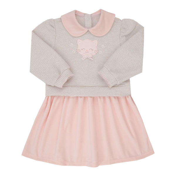 Vestido Paraiso Infantil Manga Longa com Bordado e Pérolas Bege