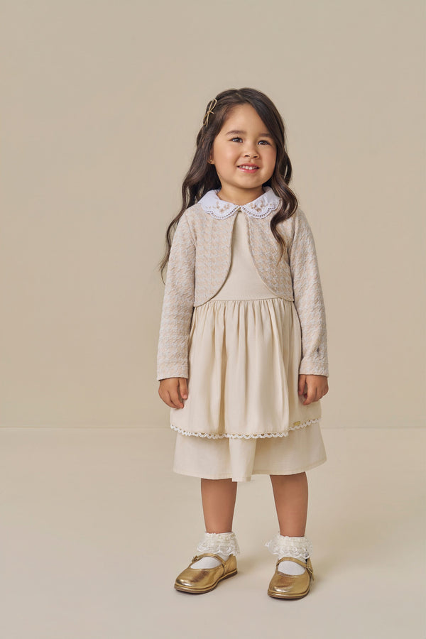 Vestido com Bolero Paraiso Kids Festa Gola Bordada Bege