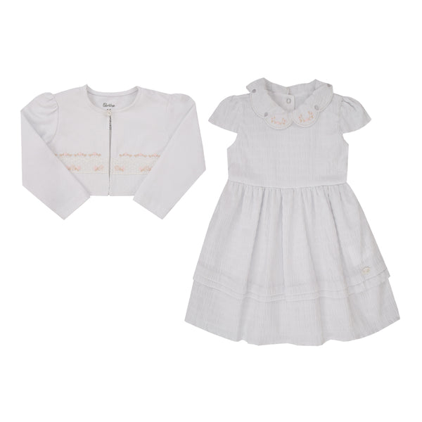 Vestido com Bolero Paraiso Cerimônia Gola Bordada e Bordado Floral
