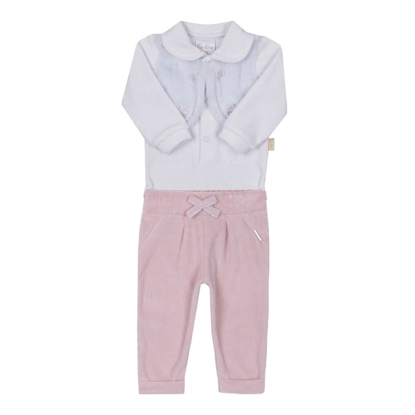 Conjunto Baby Paraíso Plush com Colete de Pelo e Laço com Pérolas