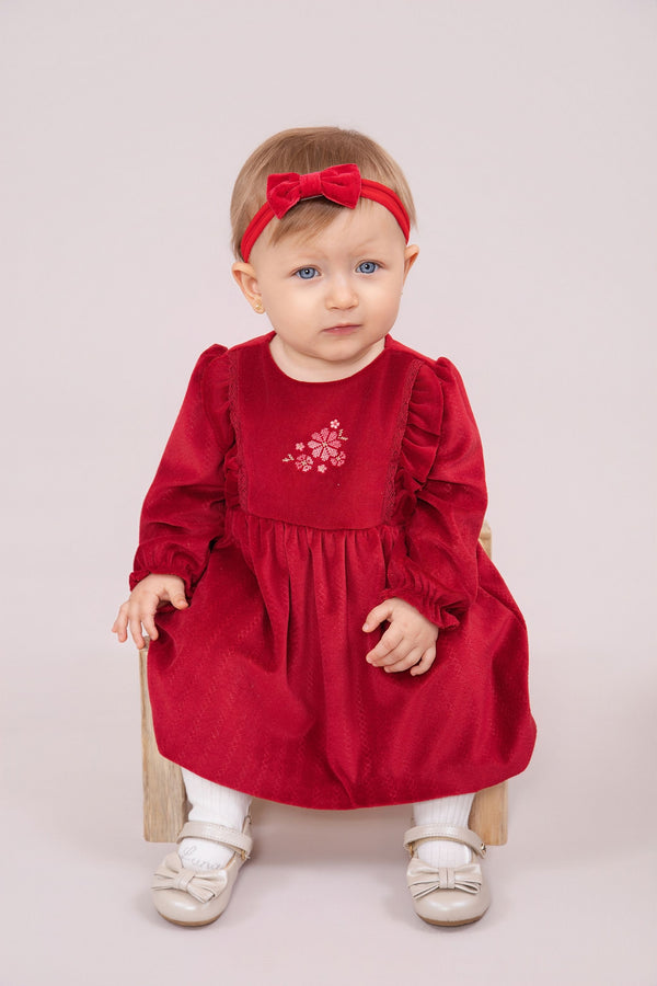 Vestido Paraiso Plush Bordado Babado Inverno Vermelho