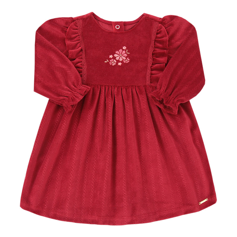 Vestido Paraiso Plush Bordado Babado Inverno Vermelho - Image 2