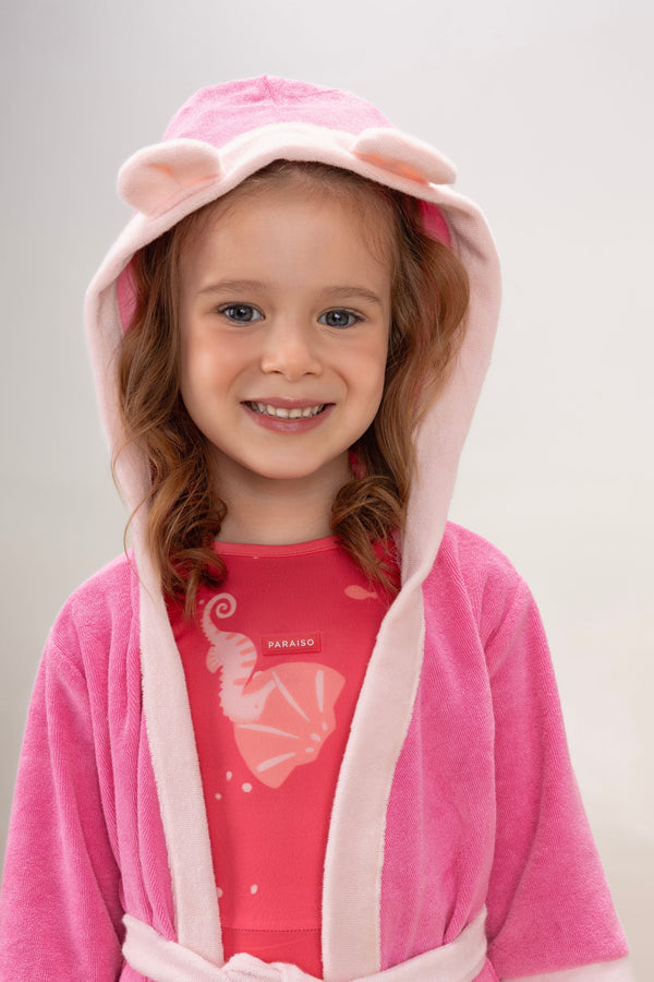 Roupão Infantil Paraiso com Capuz de Orelhinhas e Manga 3/4 Atoalhado