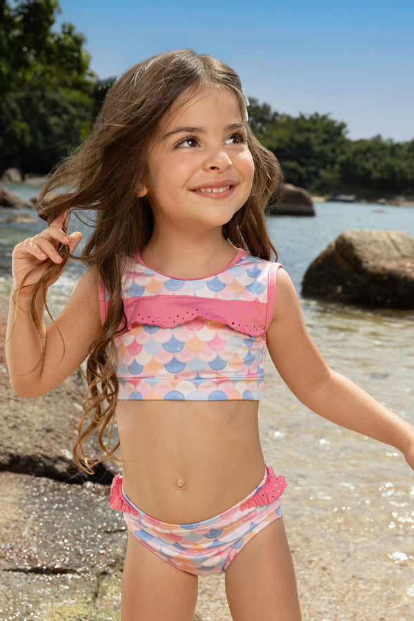 Biquíni Paraiso Praia Infantil com Babados e Proteção UV 50+ Rosa