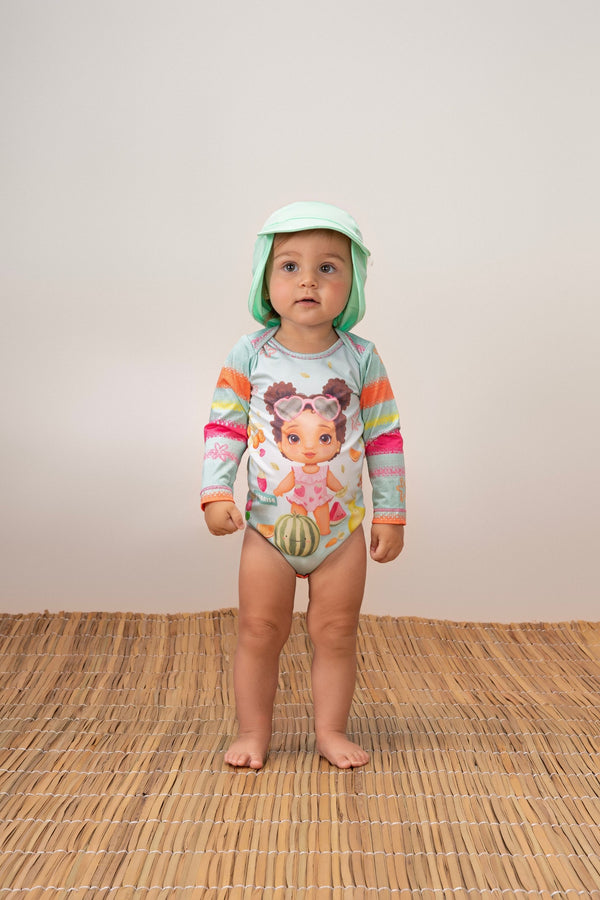 Maiô Manga Longa com Chapéu UV50+ Praia Feminino Paraiso Infantil