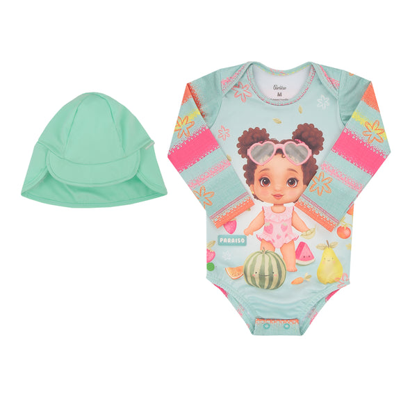 Maiô Manga Longa com Chapéu UV50+ Praia Feminino Paraiso Infantil
