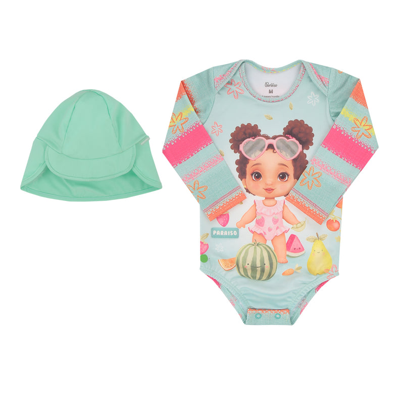 Maiô Manga Longa com Chapéu UV50+ Praia Feminino Paraiso Infantil - Image 2