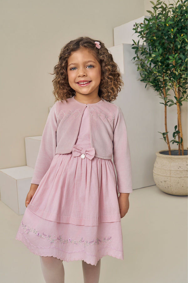 Vestido com Bolero Paraiso Kids Manga Curta Bordado Pérola Rosê