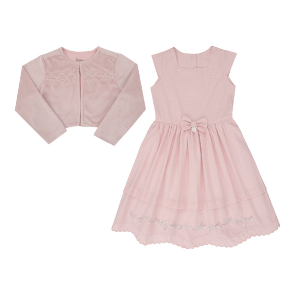Vestido com Bolero Paraiso Kids Manga Curta Bordado Pérola Rosê