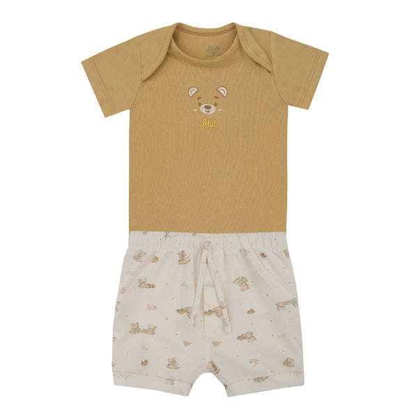Conjunto Baby Letut Manga Curta com Bordado de Bichinho e Shorts Estampado