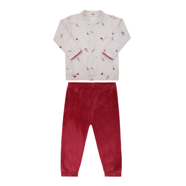 Conjunto Baby Letut Plush Floral com Casaco Abertura Frontal e Calça