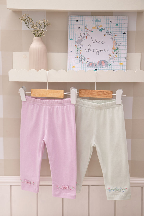 Calça Infantil Feminina Malha Conforto com Bordado Floral e Cós Elástico