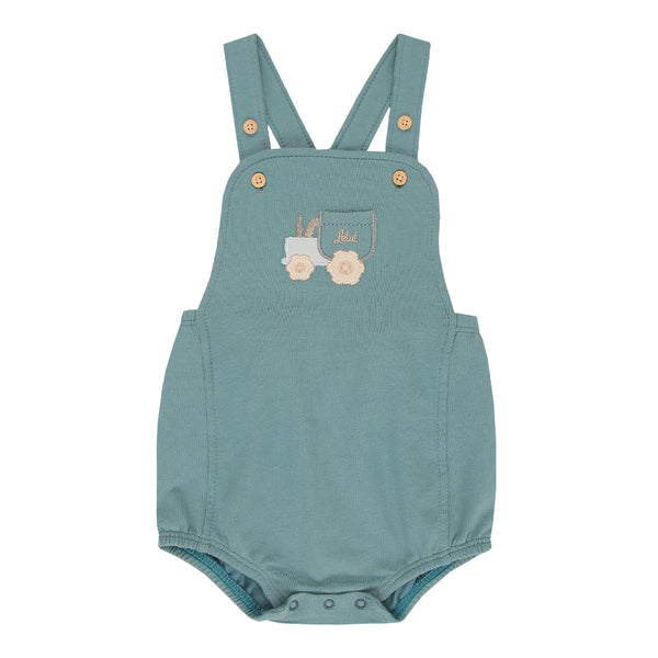 Macacão Curto Infantil Molecotton com Alças Reguláveis e Bordado de Tratorzinho