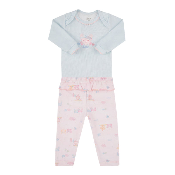 Conjunto Baby Feminino Malha Canelada com Transpasse e Calça com Babado Frufru