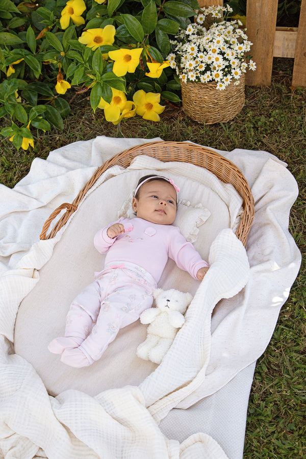 Conjunto Baby Feminino Body Bordado com Orelhinhas e Calça Estampada Letut