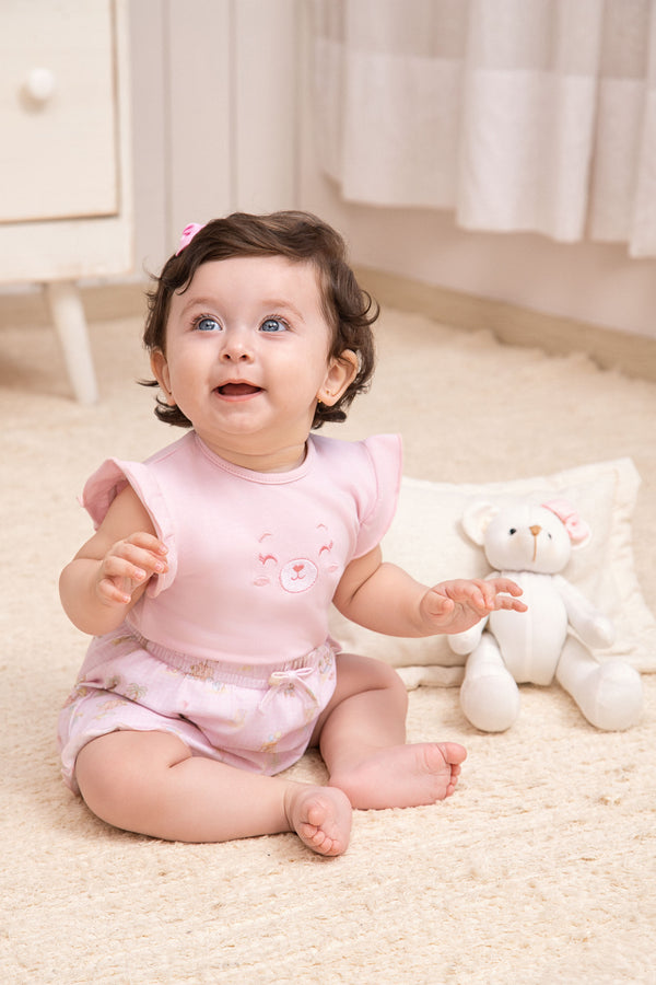 Conjunto Baby Feminino Body Bordado com Shorts Estampado Letut
