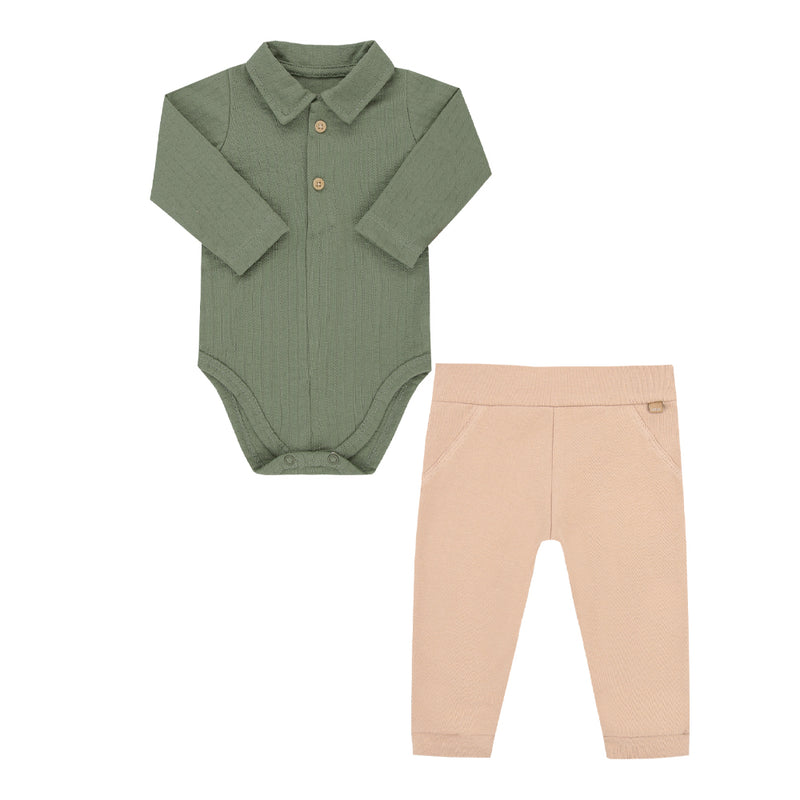 Conjunto Bebê Body Gola Polo Tricô Canelado e Calça com Bolsos Decorativos Letut - Image 2