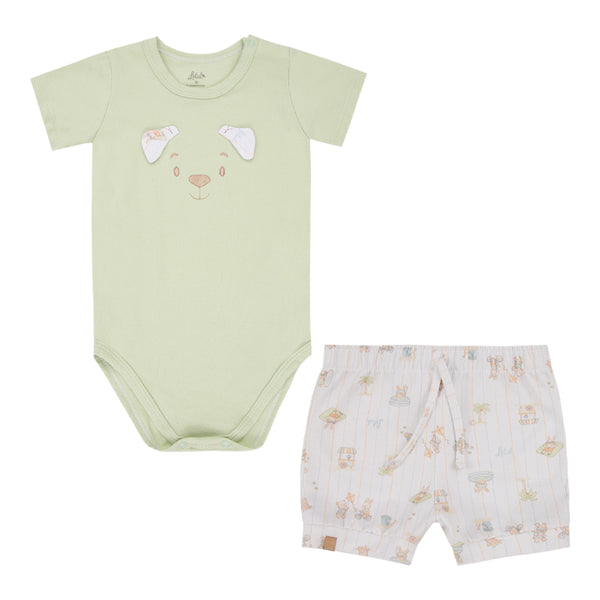 Conjunto Bebê Body Bordado Ursinho e Shorts Estampado Letut