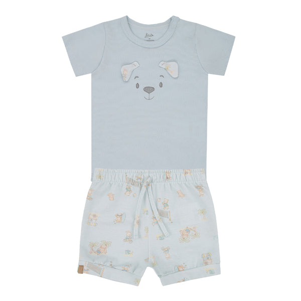 Conjunto Bebê Body Bordado Ursinho e Shorts Estampado Letut
