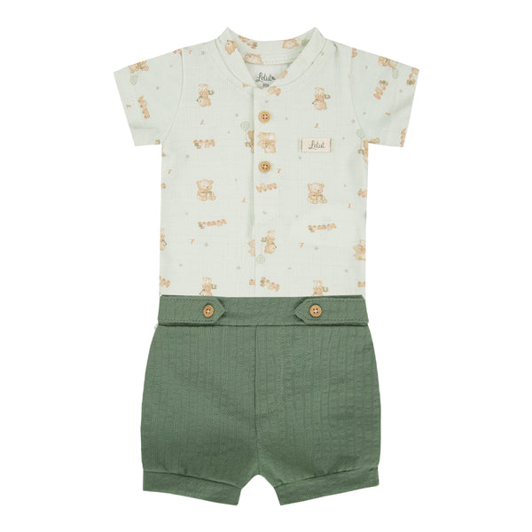 Conjunto Baby Masculino Body Estampado Ursinhos e Shorts Tricô Canelado Letut