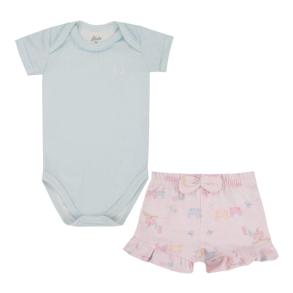 Conjunto Bebê Feminino Body Canelado e Shorts Estampado Fundo do Mar com Laço