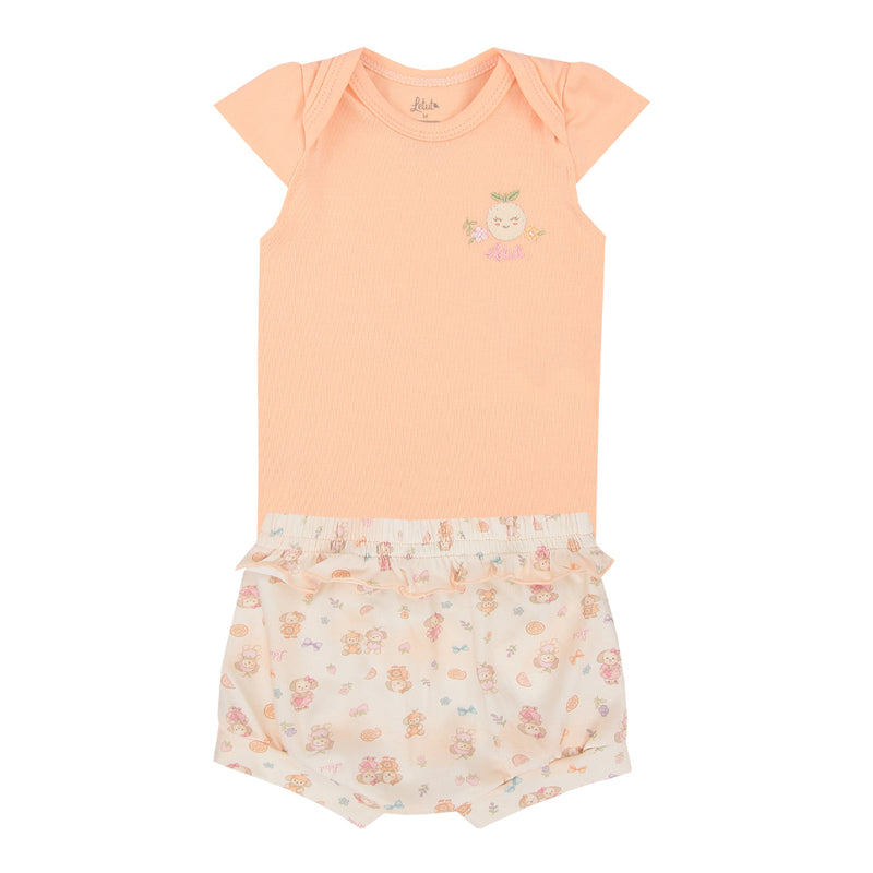 Conjunto Bebê Feminino Malha Conforto com Body Bordado e Shorts Estampado Babado - Image 5