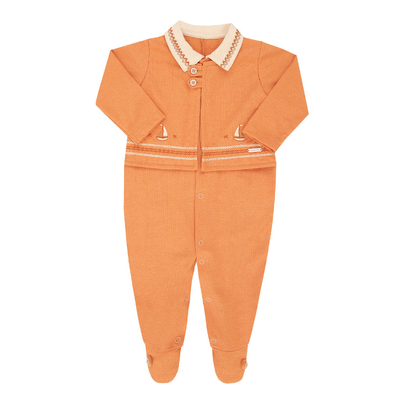 Macacão Longo Bebê Masculino Laranja Queimado com Bordado Náutico e Plaquinha Paraíso - Image 2